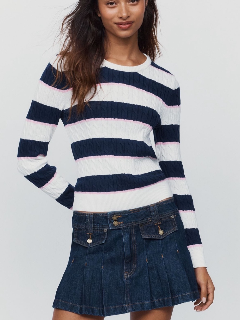 Maeve Navy, White & Pink Striped Crewneck Sweater
